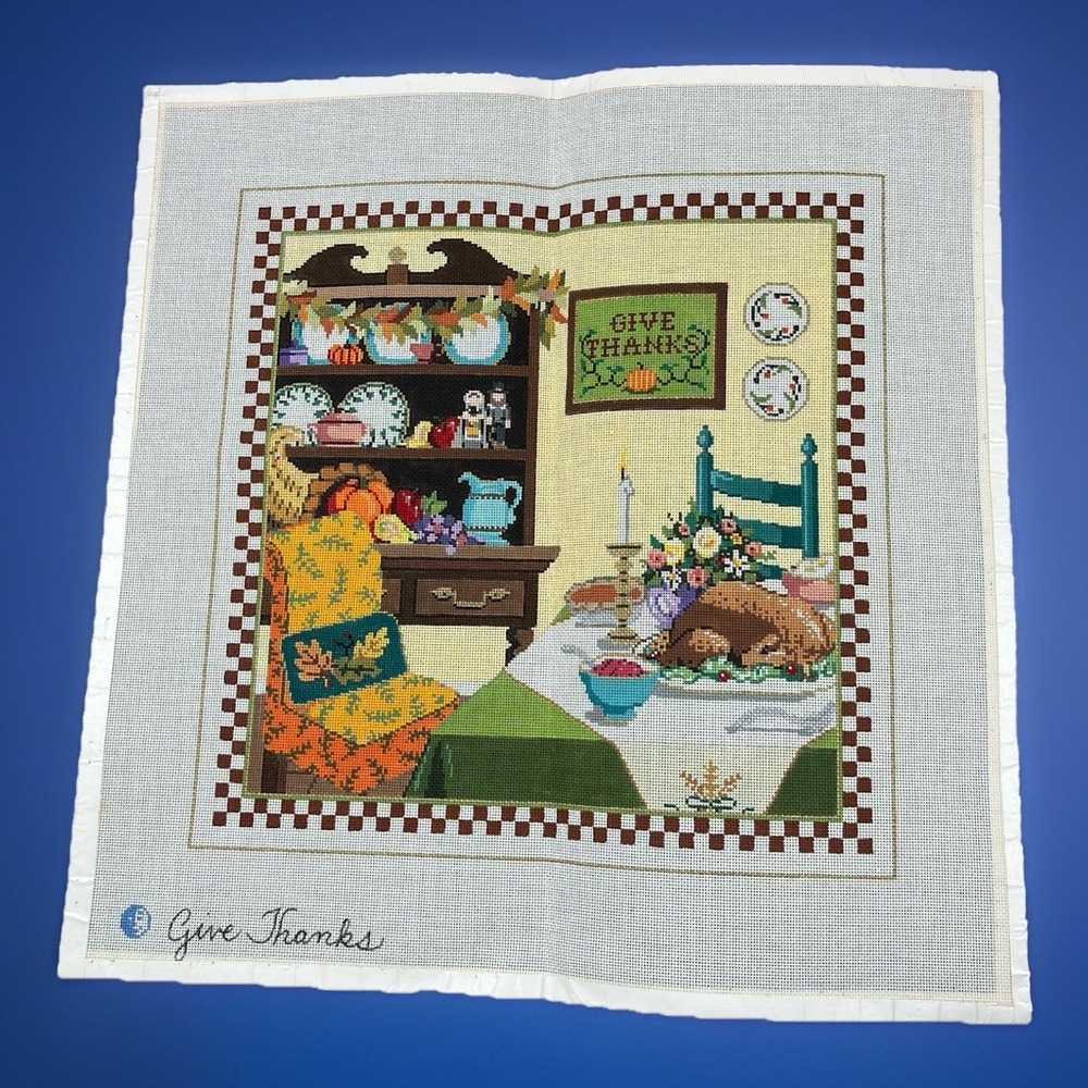 Sandra Gilmore Hand Painted Needlepoint Canvas - Give Thanks Thanksgiving Turkey